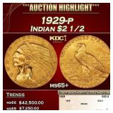 1929-p Gold Indian Quarter Eagle $2 1/2 ms65+ SEGS