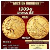 1909-s Gold Indian Half Eagle $5 ms62+ USCG