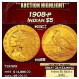 1908-p Gold Indian Half Eagle $5 ms65 USCG