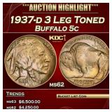 1937-d 3 Leg Buffalo Nickel Toned 5c ms62 USCG
