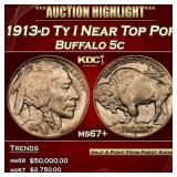 1913-d Ty I Buffalo Nickel Near Top Pop 5c ms67+ S