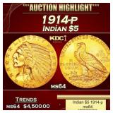 1914-p Gold Indian Half Eagle $5 ms64 USCG