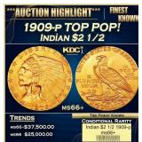 1909-p Gold Indian Quarter Eagle TOP POP! $2 1/2 m