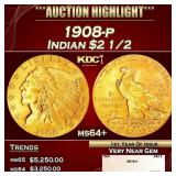 1908-p Gold Indian Quarter Eagle $2 1/2 ms64+ SEGS