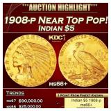 1908-p Gold Indian Half Eagle Near Top Pop! $5 ms6