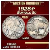 1928-p Buffalo Nickel 5c Grades ms66