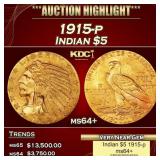 1915-p Gold Indian Half Eagle $5 ms64+ USCG