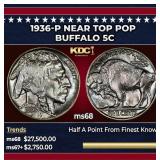 1936-p Buffalo Nickel Near Top Pop 5c ms68 SEGS