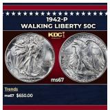 1942-p Walking Liberty Half Dollar 50c ms67 SEGS