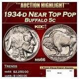 1934-d Buffalo Nickel Near Top Pop 5c ms66 SEGS
