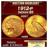 1912-p Gold Indian Half Eagle $5 ms64+ USCG