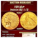 1914-p Gold Indian Quarter Eagle $2 1/2 ms65+ SEGS