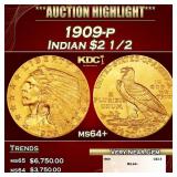 1909-p Gold Indian Quarter Eagle $2 1/2 ms64+ SEGS