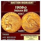 1908-d Gold Indian Half Eagle $5 ms65+ USCG