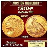 1910-p Gold Indian Half Eagle $5 ms64+ USCG