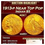 1913-p Gold Indian Half Eagle Near Top Pop $5 ms65