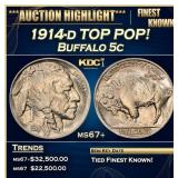 1914-d Buffalo Nickel TOP POP! 5c ms67+ SEGS