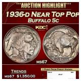 1936-d Buffalo Nickel Near Top Pop 5c ms67 SEGS