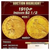 1910-p Gold Indian Quarter Eagle $2 1/2 ms64+ SEGS