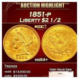 1851-p Gold Liberty Quarter Eagle $2 1/2 ms64+ SEG