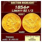 1854-p Gold Liberty Quarter Eagle $2 1/2 ms63 USCG