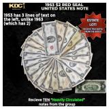 10x 1953 $2 Red Seal United States Note Heavily Ci