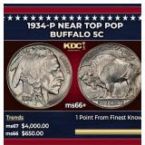 1934-p Buffalo Nickel Near Top Pop 5c ms66+ SEGS