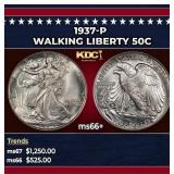 1937-p Walking Liberty Half Dollar 50c ms66+ SEGS