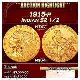 1915-p Gold Indian Quarter Eagle $2 1/2 ms64+ SEGS