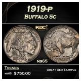 1919-p Buffalo Nickel 5c Grades ms65