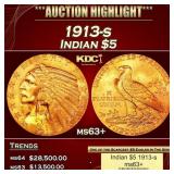 1913-s Gold Indian Half Eagle $5 ms63+ USCG