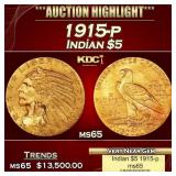 1915-p Gold Indian Half Eagle $5 ms64+ USCG