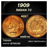 1909 Indian Cent . 1c Grades ms65 rd