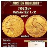 1913-p Gold Indian Quarter Eagle $2 1/2 ms64+ SEGS