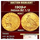 1909-p Gold Indian Quarter Eagle $2 1/2 ms64+ SEGS
