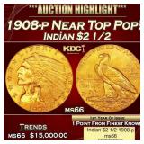 1908-p Gold Indian Quarter Eagle Near Top Pop! $2