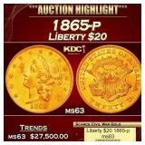 1865-p Gold Liberty Double Eagle $20 ms63 USCG