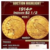 1914-p Gold Indian Quarter Eagle $2 1/2 ms64+ SEGS