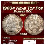 1908-p Barber Half Dollars Near Top Pop 50c ms66+