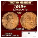 1919-p Lincoln Cent 1c ms67 rd SEGS