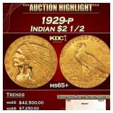 1929-p Gold Indian Quarter Eagle $2 1/2 ms65+ SEGS