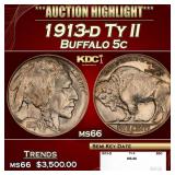 1913-d Ty II Buffalo Nickel 5c ms66 SEGS