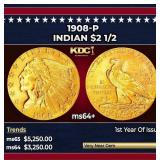 1908-p Gold Indian Quarter Eagle $2 1/2 ms64+ SEGS