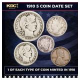 1910 5 Coin Date Set, 1 Of Each Type Of Coin Minte