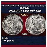 1943-p Walking Liberty Half Dollar 50c ms67 SEGS