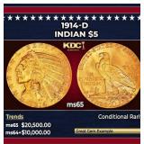 1914-d Gold Indian Half Eagle $5 ms65 USCG
