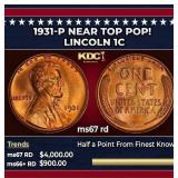 1931-p Lincoln Cent Near Top Pop! 1c ms67 rd SEGS