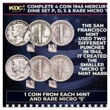 Complete 4 Coin 1945 Mercury Dime Set P, D, S & Ra