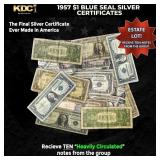 10x 1957 $1 Blue Seal Silver Certificates Heavily