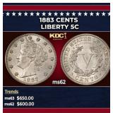 1883 CENTS Liberty Nickel 5c Grades ms62